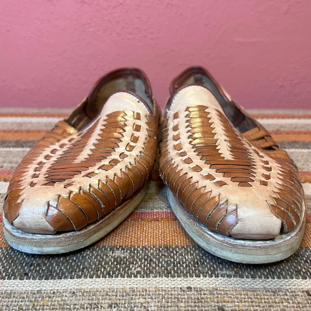 Men's Tan & Cream Woven Leather Slip-On Loafers